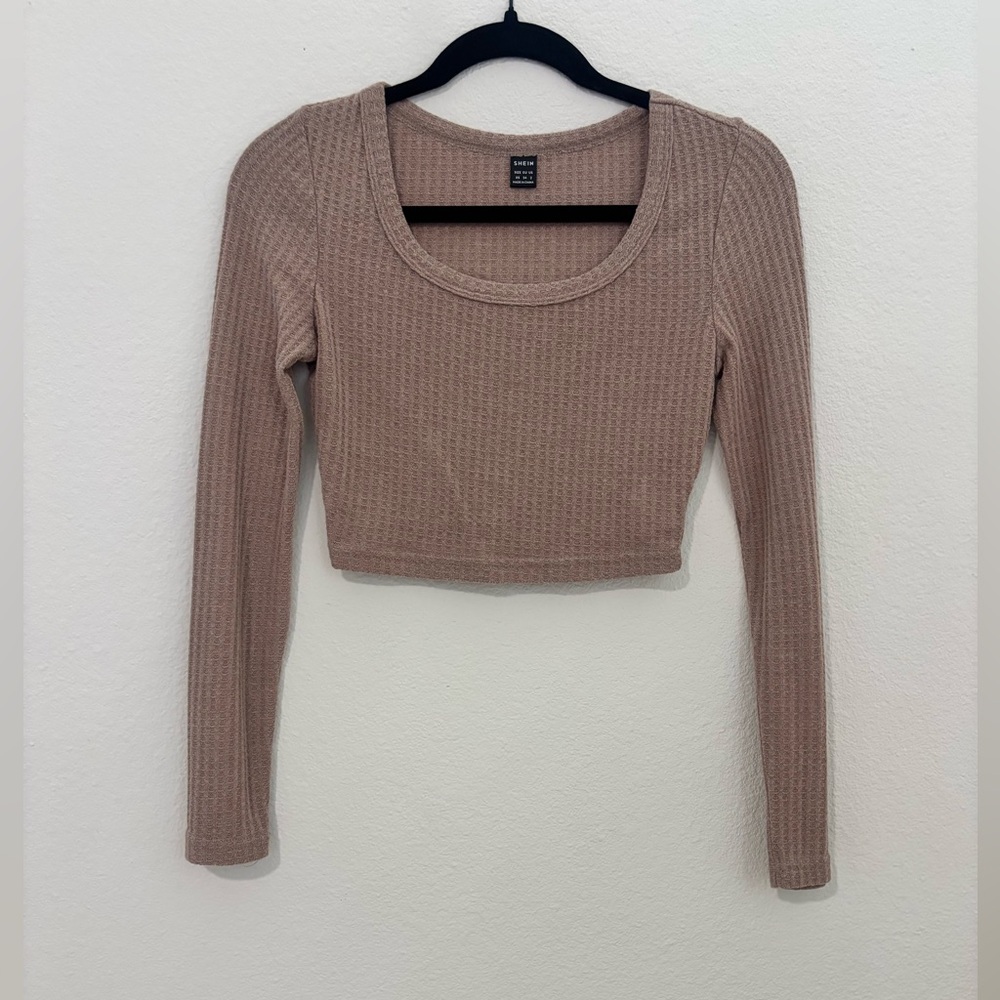 SHEIN Ribbed Long Sleeve Crop Top - Brown